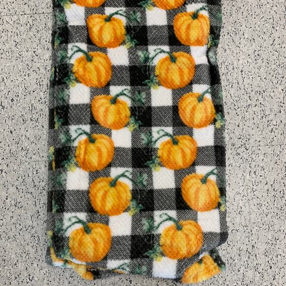 Orange Pumpkin Black White Buffalo Plaid Fall Farmhouse Autumn Harvest Blanket - Picture 4 of 10